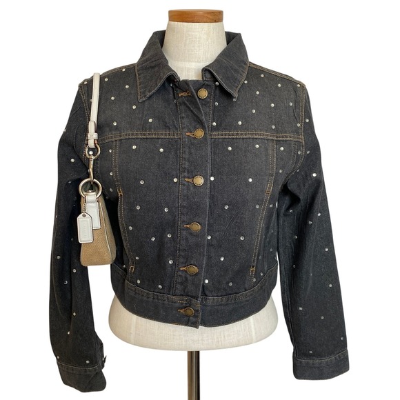 bebe Jackets & Blazers - Bebe Rhinestone Denim Jacket Junior Size M Grey Wash Y2K Bling Sparkle Crop NWT